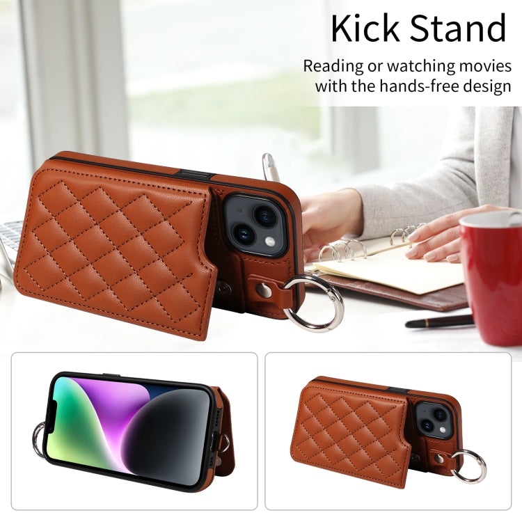 For iPhone 14 Rhombic Texture Card Bag Phone Case with Short Lanyard