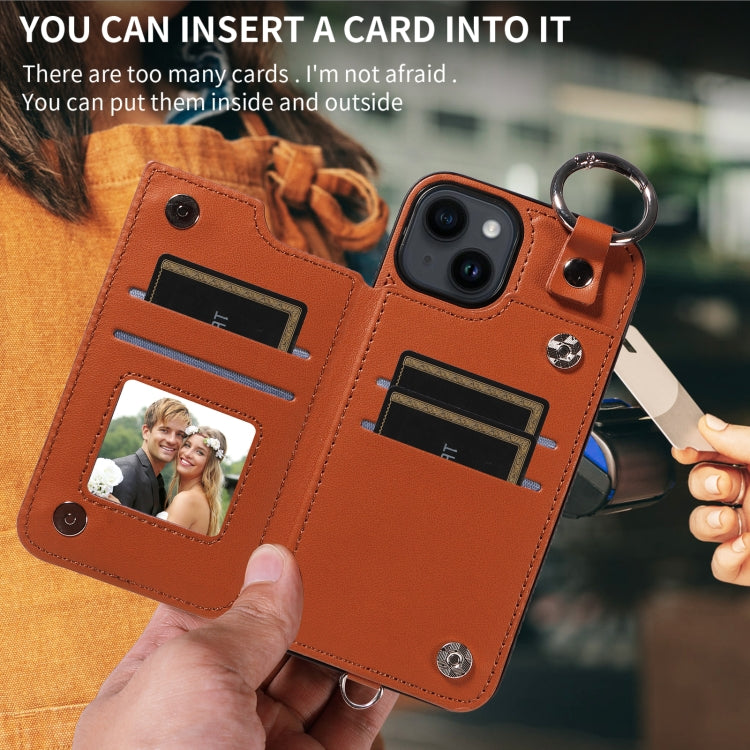 For iPhone 14 Rhombic Texture Card Bag Phone Case with Short Lanyard