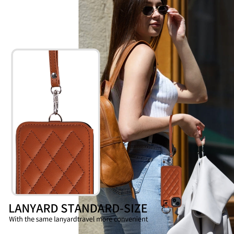 For iPhone 14 Rhombic Texture Card Bag Phone Case with Short Lanyard