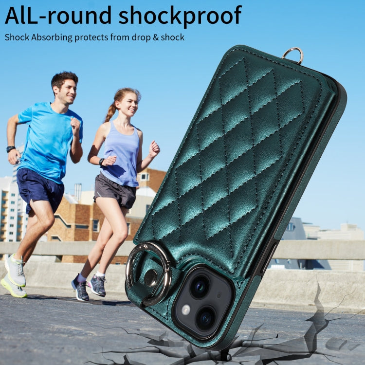 For iPhone 14 Rhombic Texture Card Bag Phone Case with Short Lanyard