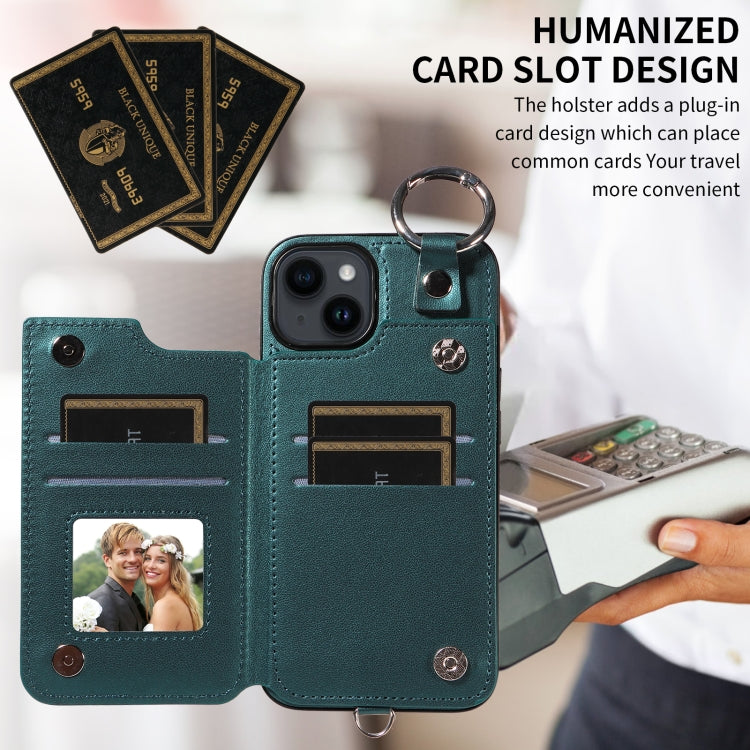 For iPhone 14 Rhombic Texture Card Bag Phone Case with Short Lanyard