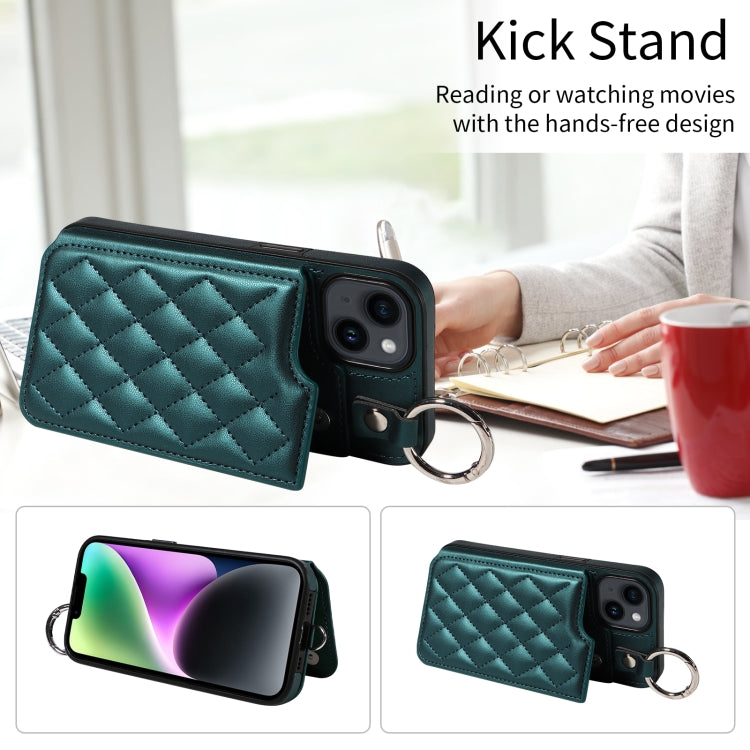 For iPhone 14 Rhombic Texture Card Bag Phone Case with Short Lanyard