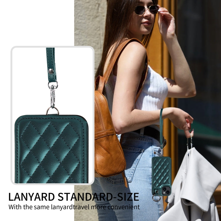 For iPhone 14 Rhombic Texture Card Bag Phone Case with Short Lanyard