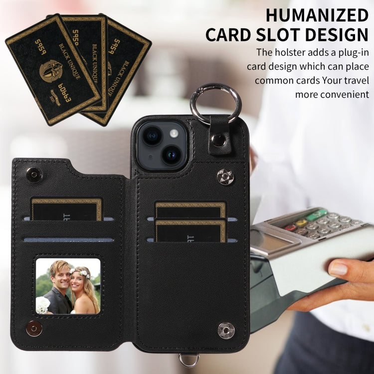 For iPhone 14 Rhombic Texture Card Bag Phone Case with Short Lanyard