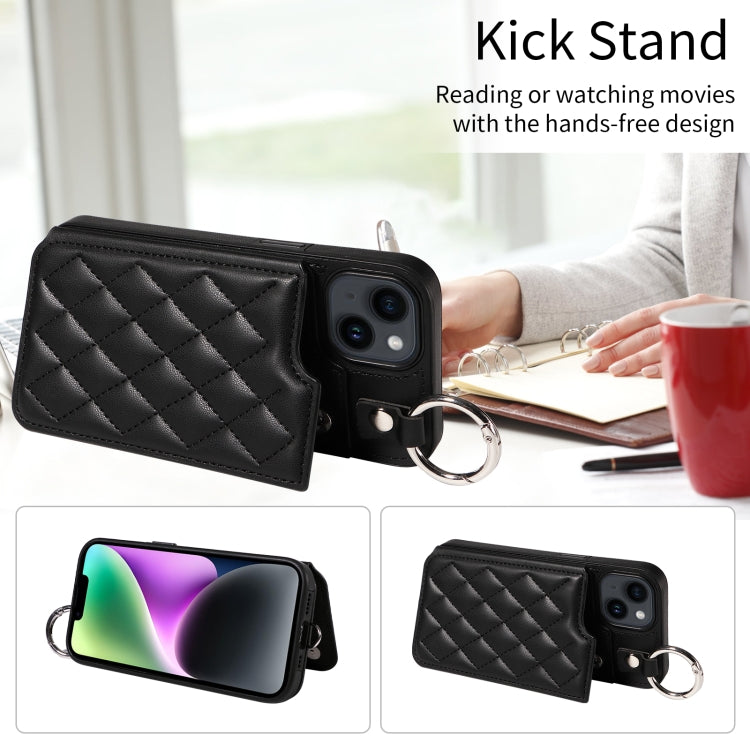 For iPhone 14 Rhombic Texture Card Bag Phone Case with Short Lanyard