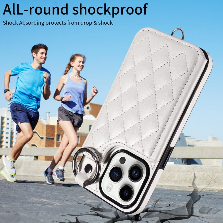 For iPhone 14 Pro Rhombic Texture Card Bag Phone Case with Short Lanyard