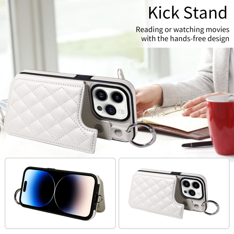 For iPhone 14 Pro Rhombic Texture Card Bag Phone Case with Short Lanyard