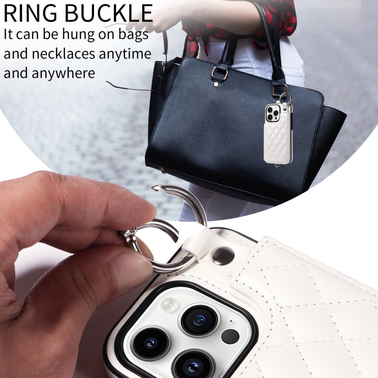 For iPhone 14 Pro Rhombic Texture Card Bag Phone Case with Short Lanyard