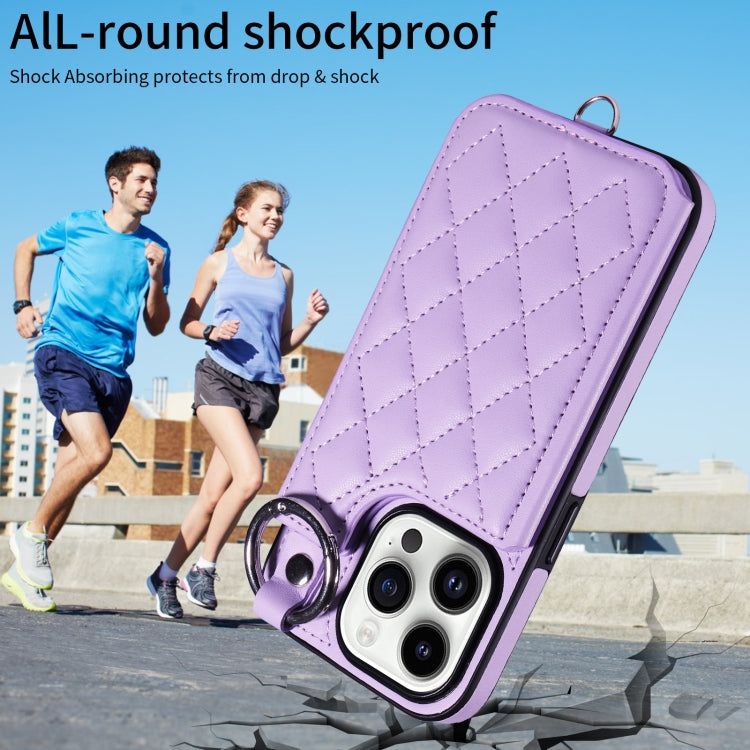 For iPhone 14 Pro Rhombic Texture Card Bag Phone Case with Short Lanyard