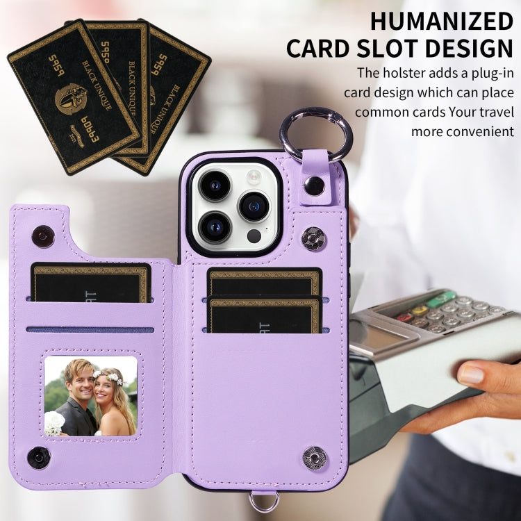 For iPhone 14 Pro Rhombic Texture Card Bag Phone Case with Short Lanyard