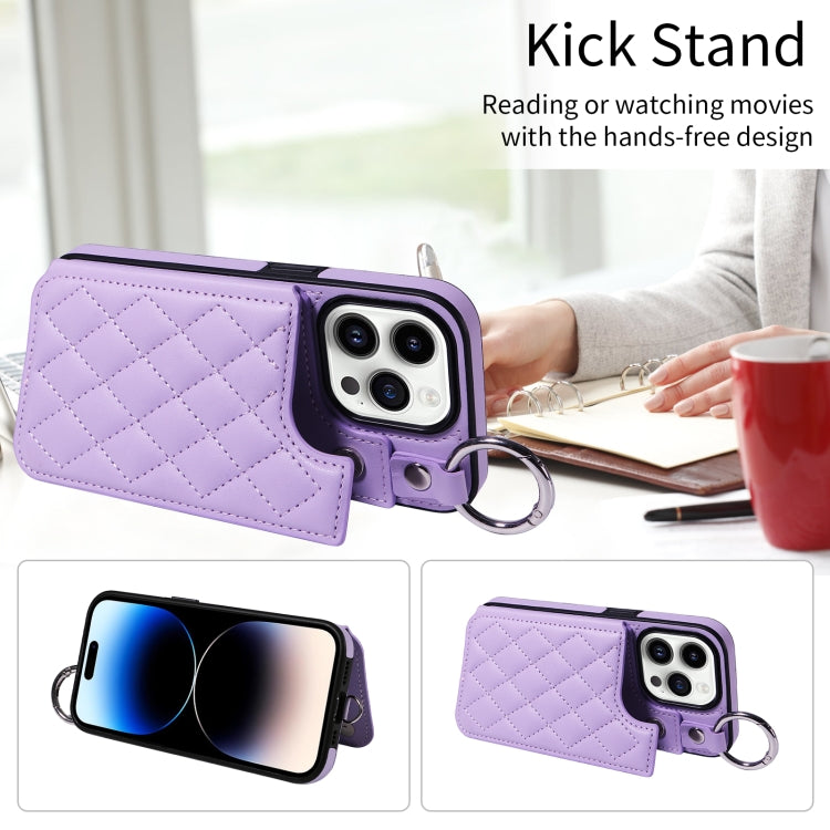 For iPhone 14 Pro Rhombic Texture Card Bag Phone Case with Short Lanyard