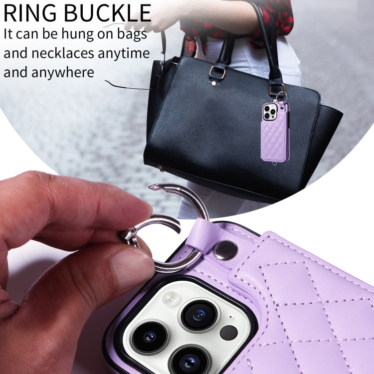 For iPhone 14 Pro Rhombic Texture Card Bag Phone Case with Short Lanyard