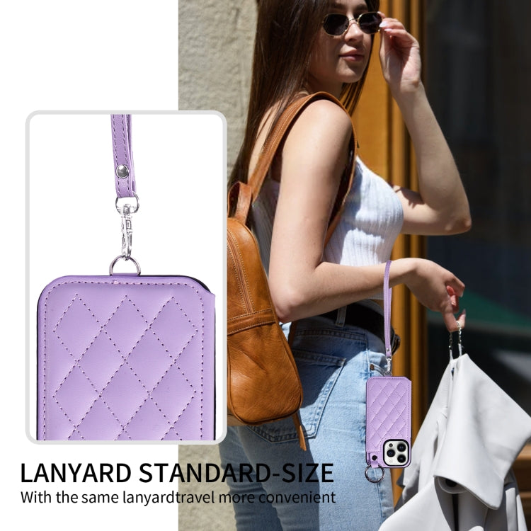 For iPhone 14 Pro Rhombic Texture Card Bag Phone Case with Short Lanyard