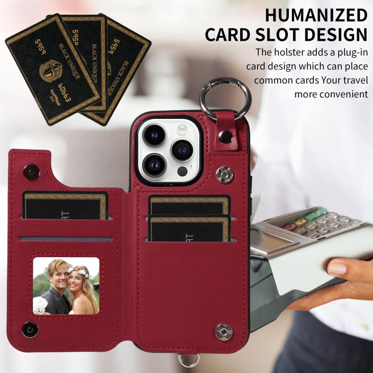 For iPhone 14 Pro Rhombic Texture Card Bag Phone Case with Short Lanyard