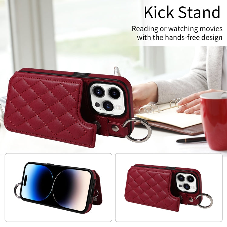 For iPhone 14 Pro Rhombic Texture Card Bag Phone Case with Short Lanyard