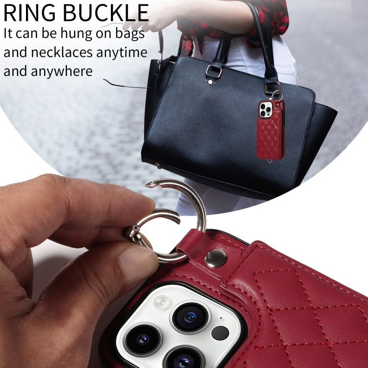 For iPhone 14 Pro Rhombic Texture Card Bag Phone Case with Short Lanyard
