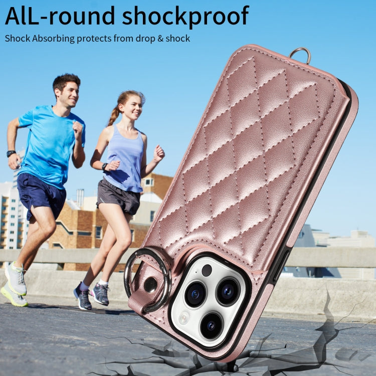 For iPhone 14 Pro Rhombic Texture Card Bag Phone Case with Short Lanyard