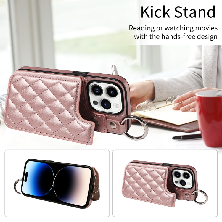 For iPhone 14 Pro Rhombic Texture Card Bag Phone Case with Short Lanyard