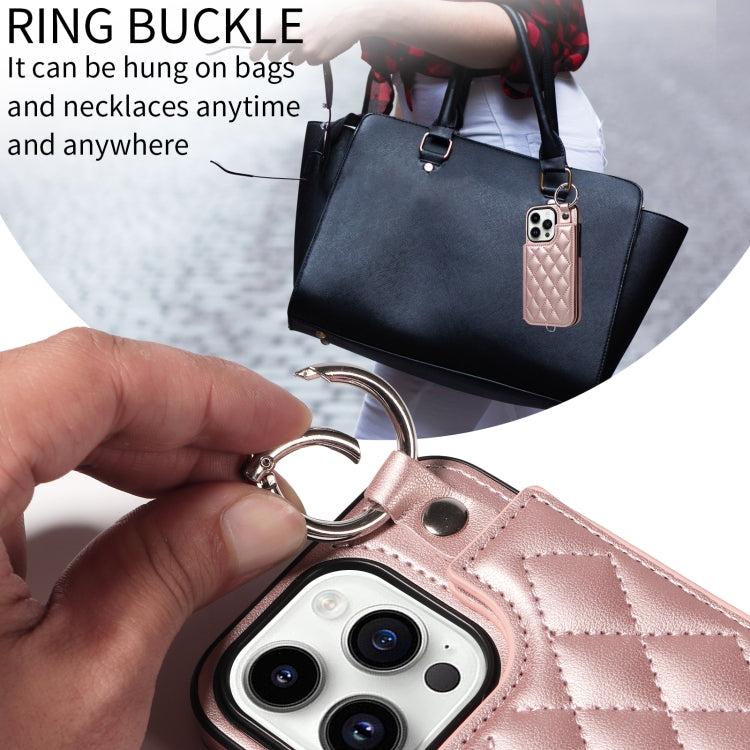 For iPhone 14 Pro Rhombic Texture Card Bag Phone Case with Short Lanyard