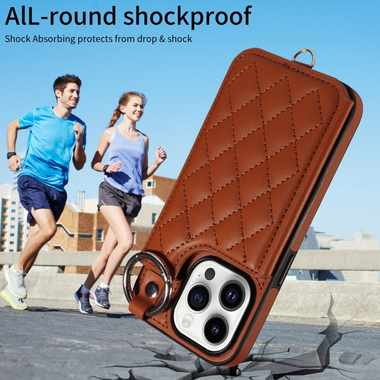 For iPhone 14 Pro Rhombic Texture Card Bag Phone Case with Short Lanyard