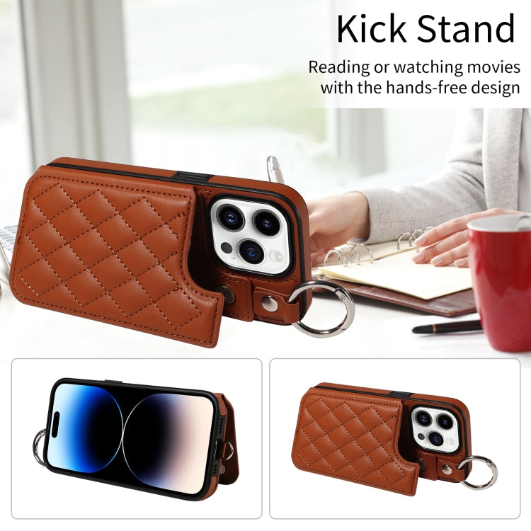 For iPhone 14 Pro Rhombic Texture Card Bag Phone Case with Short Lanyard