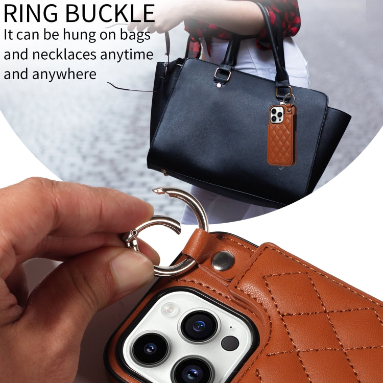 For iPhone 14 Pro Rhombic Texture Card Bag Phone Case with Short Lanyard