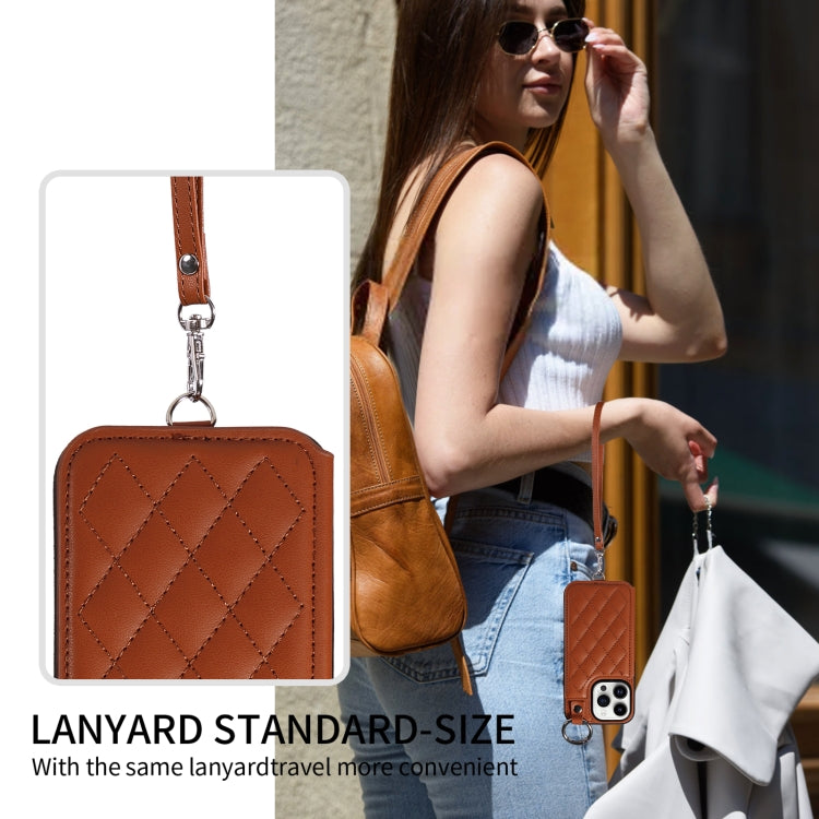 For iPhone 14 Pro Rhombic Texture Card Bag Phone Case with Short Lanyard