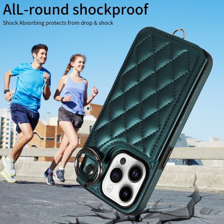 For iPhone 14 Pro Rhombic Texture Card Bag Phone Case with Short Lanyard