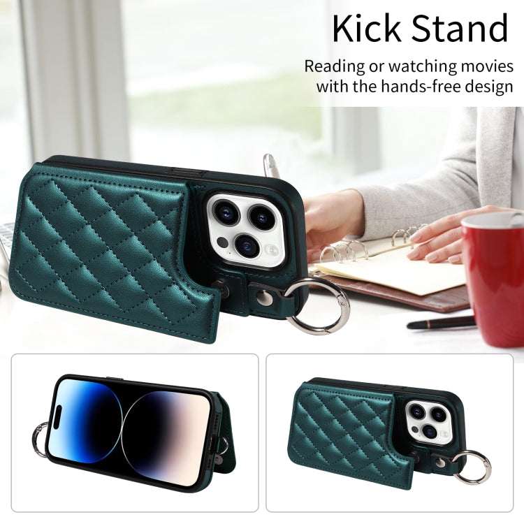For iPhone 14 Pro Rhombic Texture Card Bag Phone Case with Short Lanyard