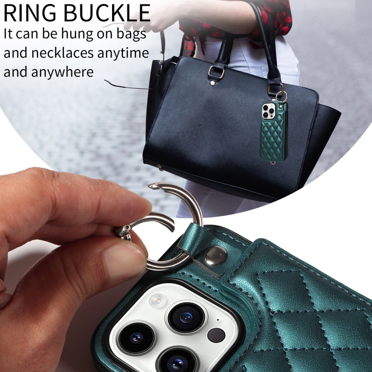 For iPhone 14 Pro Rhombic Texture Card Bag Phone Case with Short Lanyard