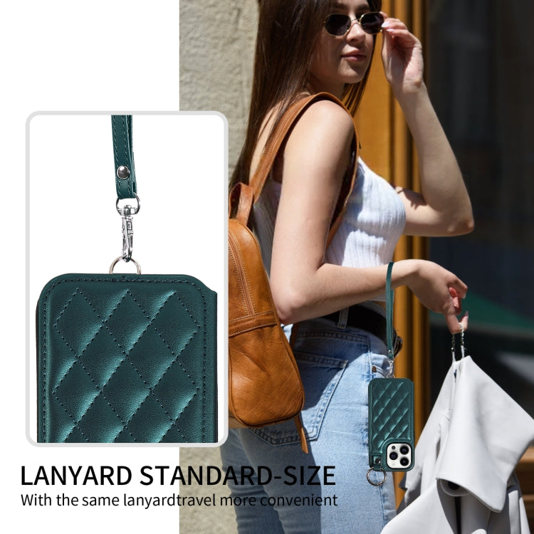 For iPhone 14 Pro Rhombic Texture Card Bag Phone Case with Short Lanyard