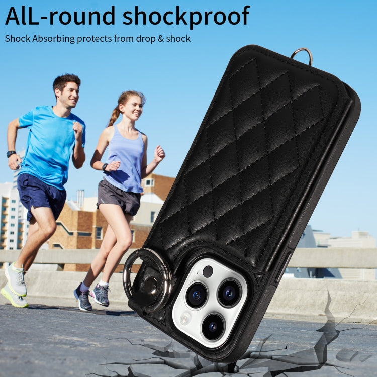 For iPhone 14 Pro Rhombic Texture Card Bag Phone Case with Short Lanyard