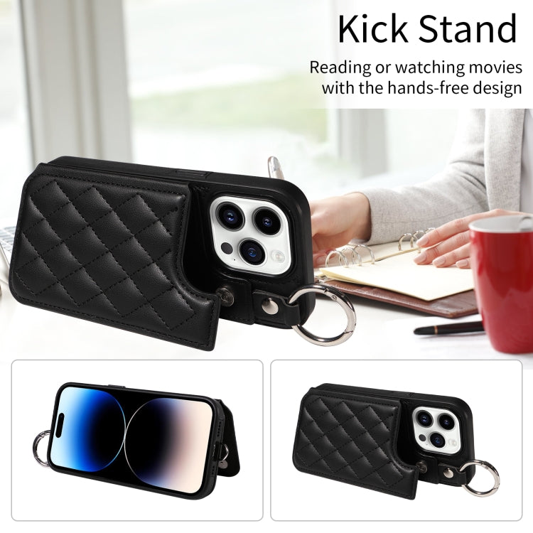 For iPhone 14 Pro Rhombic Texture Card Bag Phone Case with Short Lanyard
