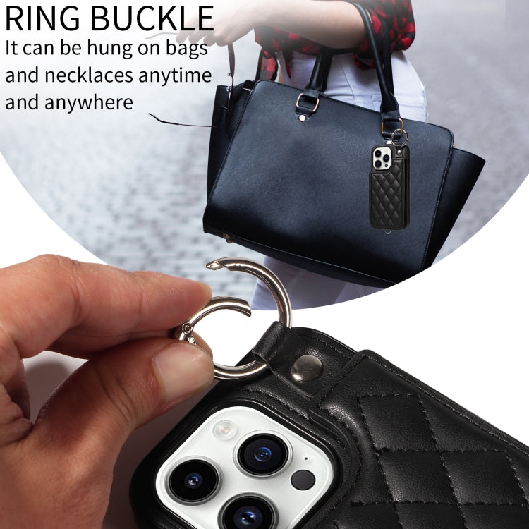 For iPhone 14 Pro Rhombic Texture Card Bag Phone Case with Short Lanyard