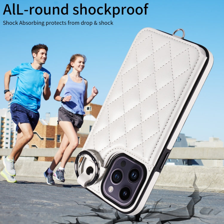 For iPhone 14 Pro Max Rhombic Texture Card Bag Phone Case with Short Lanyard