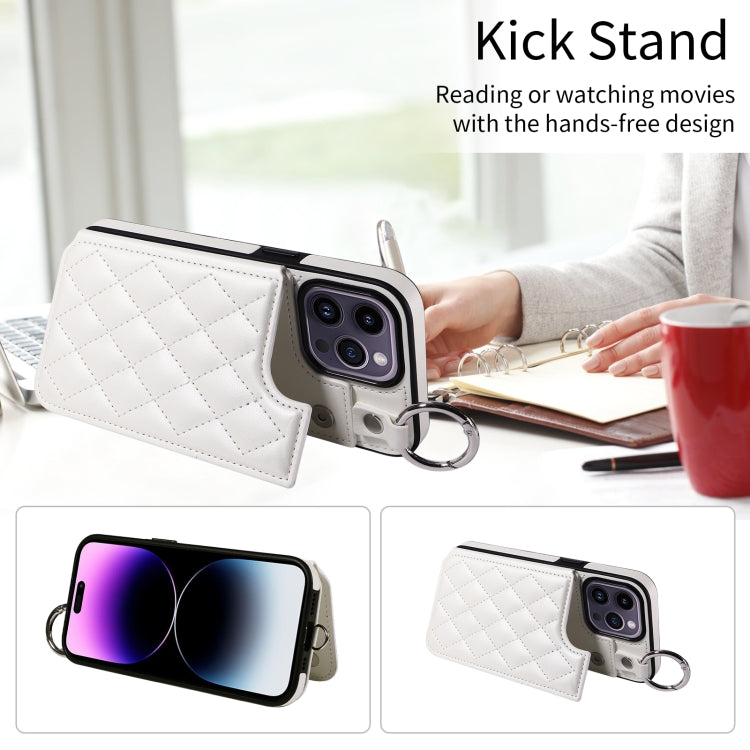 For iPhone 14 Pro Max Rhombic Texture Card Bag Phone Case with Short Lanyard