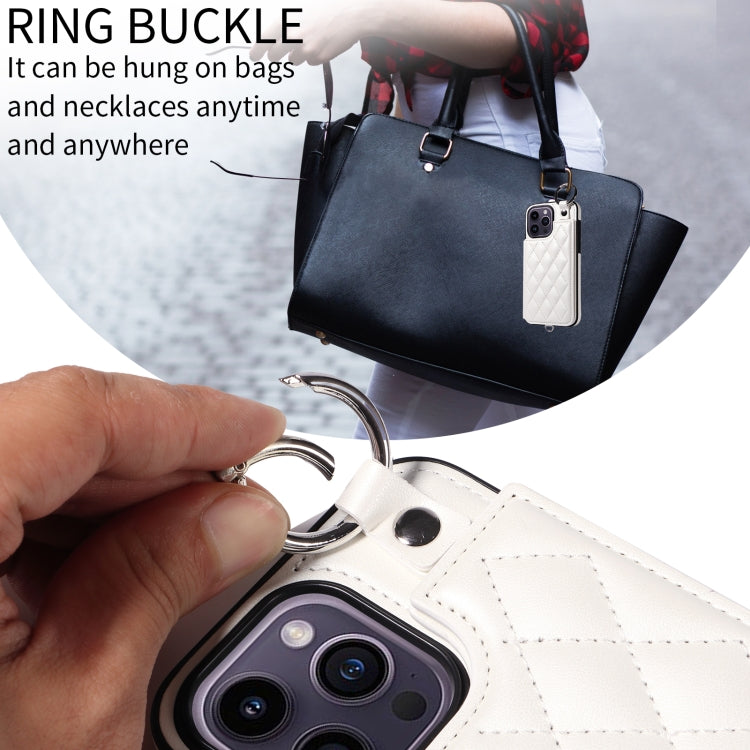 For iPhone 14 Pro Max Rhombic Texture Card Bag Phone Case with Short Lanyard