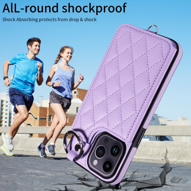 For iPhone 14 Pro Max Rhombic Texture Card Bag Phone Case with Short Lanyard