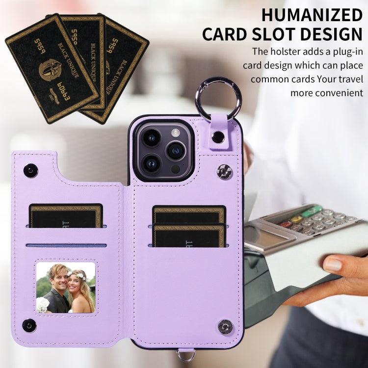 For iPhone 14 Pro Max Rhombic Texture Card Bag Phone Case with Short Lanyard