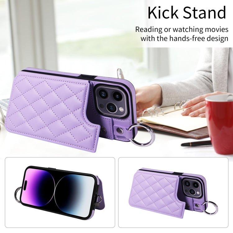 For iPhone 14 Pro Max Rhombic Texture Card Bag Phone Case with Short Lanyard