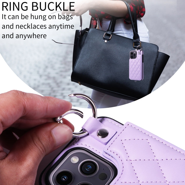 For iPhone 14 Pro Max Rhombic Texture Card Bag Phone Case with Short Lanyard