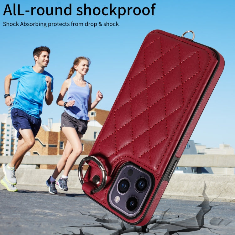For iPhone 14 Pro Max Rhombic Texture Card Bag Phone Case with Short Lanyard