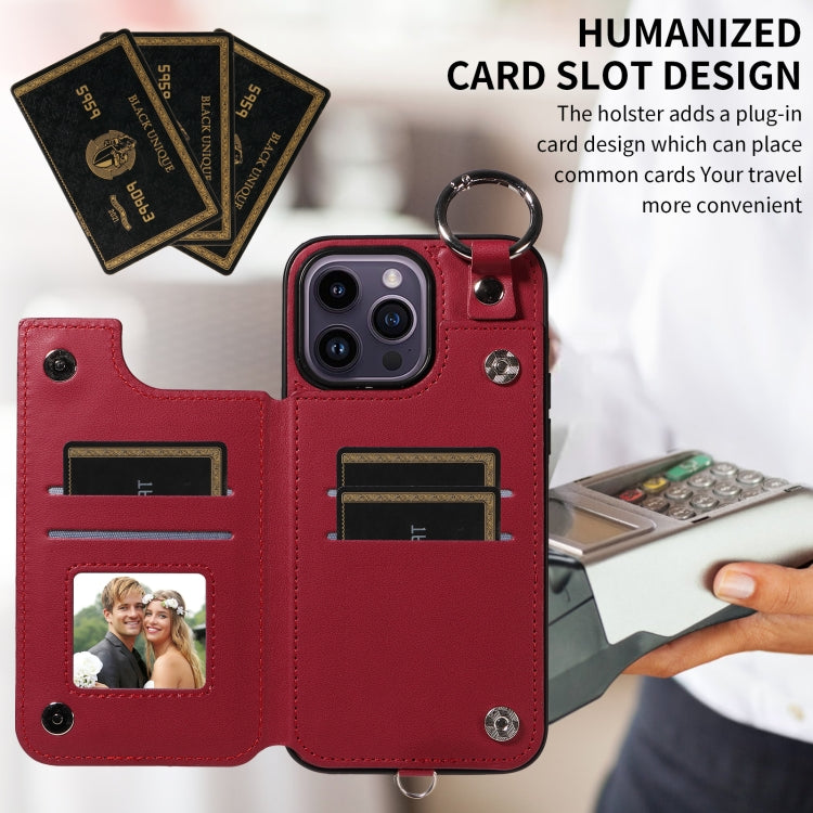 For iPhone 14 Pro Max Rhombic Texture Card Bag Phone Case with Short Lanyard
