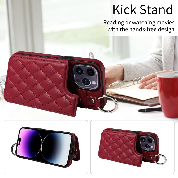 For iPhone 14 Pro Max Rhombic Texture Card Bag Phone Case with Short Lanyard