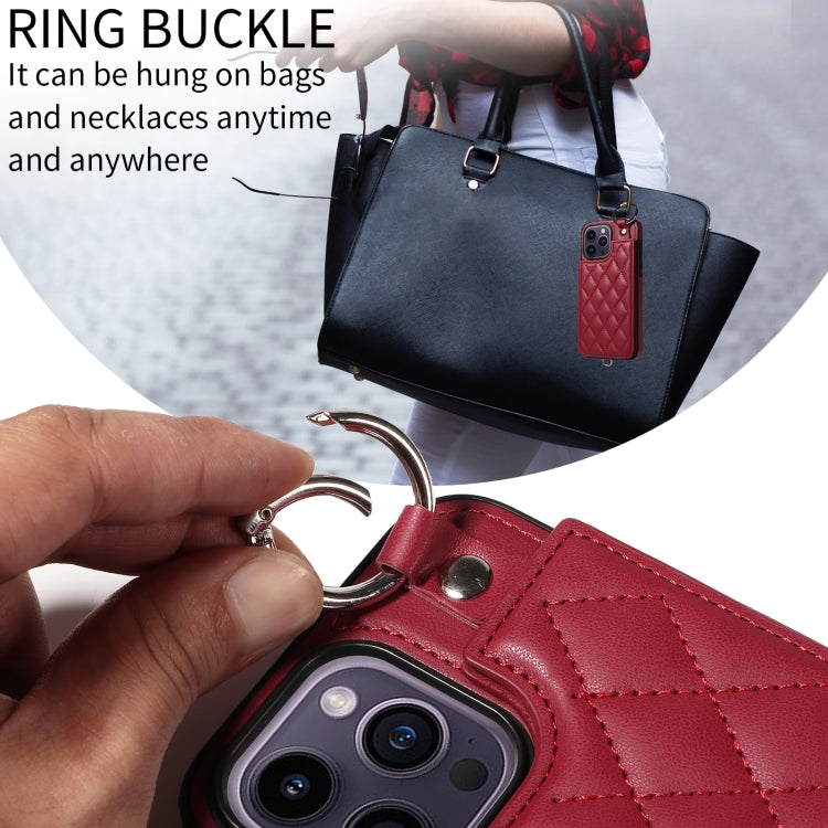 For iPhone 14 Pro Max Rhombic Texture Card Bag Phone Case with Short Lanyard
