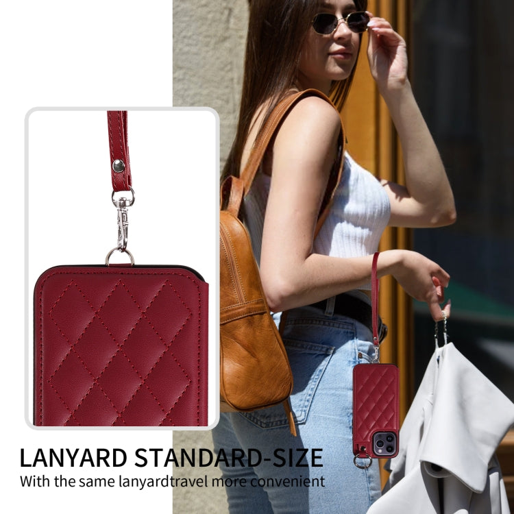 For iPhone 14 Pro Max Rhombic Texture Card Bag Phone Case with Short Lanyard