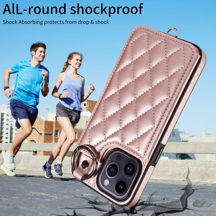 For iPhone 14 Pro Max Rhombic Texture Card Bag Phone Case with Short Lanyard