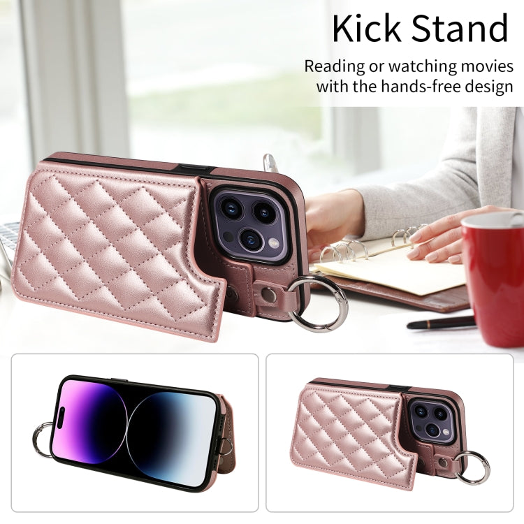 For iPhone 14 Pro Max Rhombic Texture Card Bag Phone Case with Short Lanyard