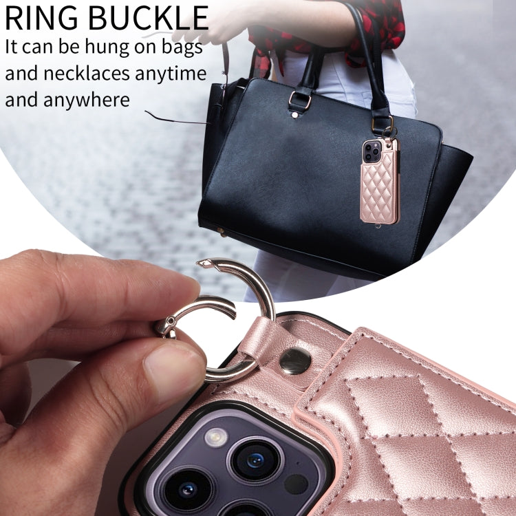 For iPhone 14 Pro Max Rhombic Texture Card Bag Phone Case with Short Lanyard