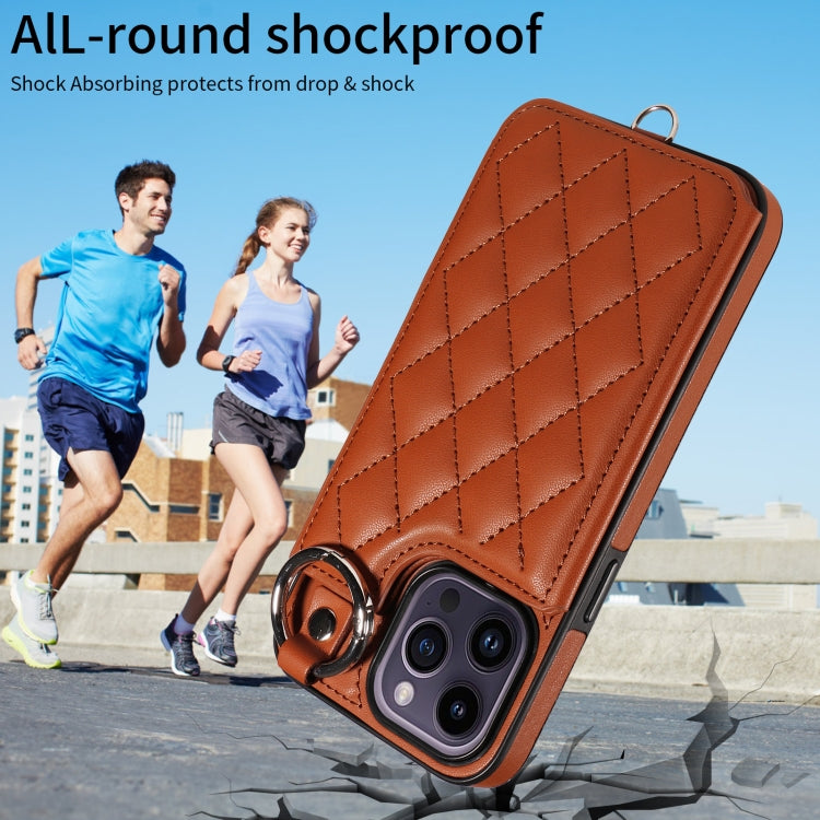 For iPhone 14 Pro Max Rhombic Texture Card Bag Phone Case with Short Lanyard